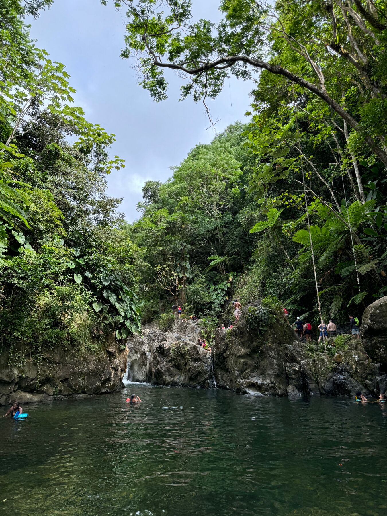 Hikers climbing the rocks beside a jungle waterfall pool with a rope swing